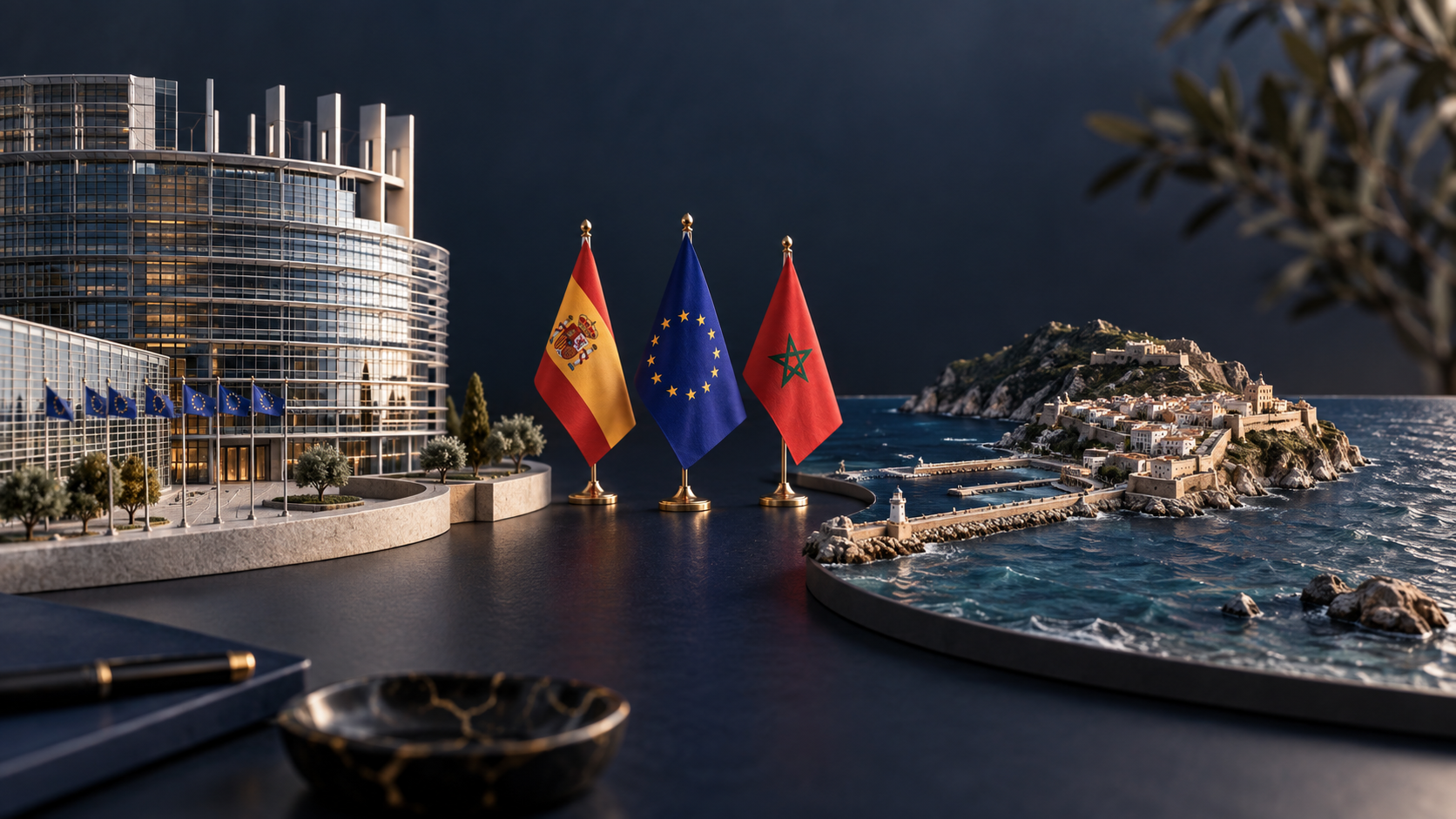 Composición conceptual de arquitectura europea, un litoral imaginado y banderas de España, la Unión Europea y Marruecos. No es una representación geográfica exacta.