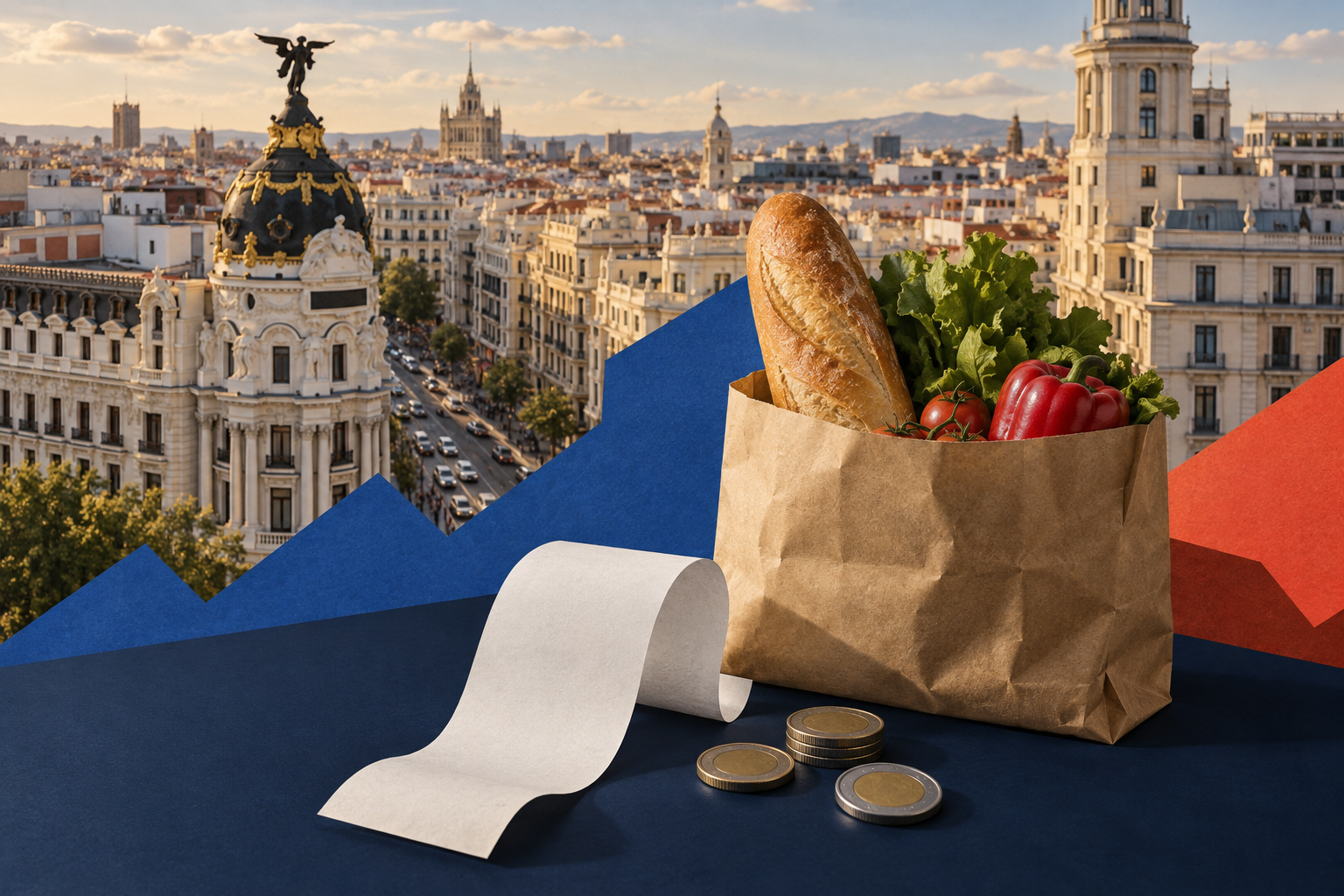 Ilustración conceptual: compra de alimentos y monedas sobre el paisaje urbano de Madrid.