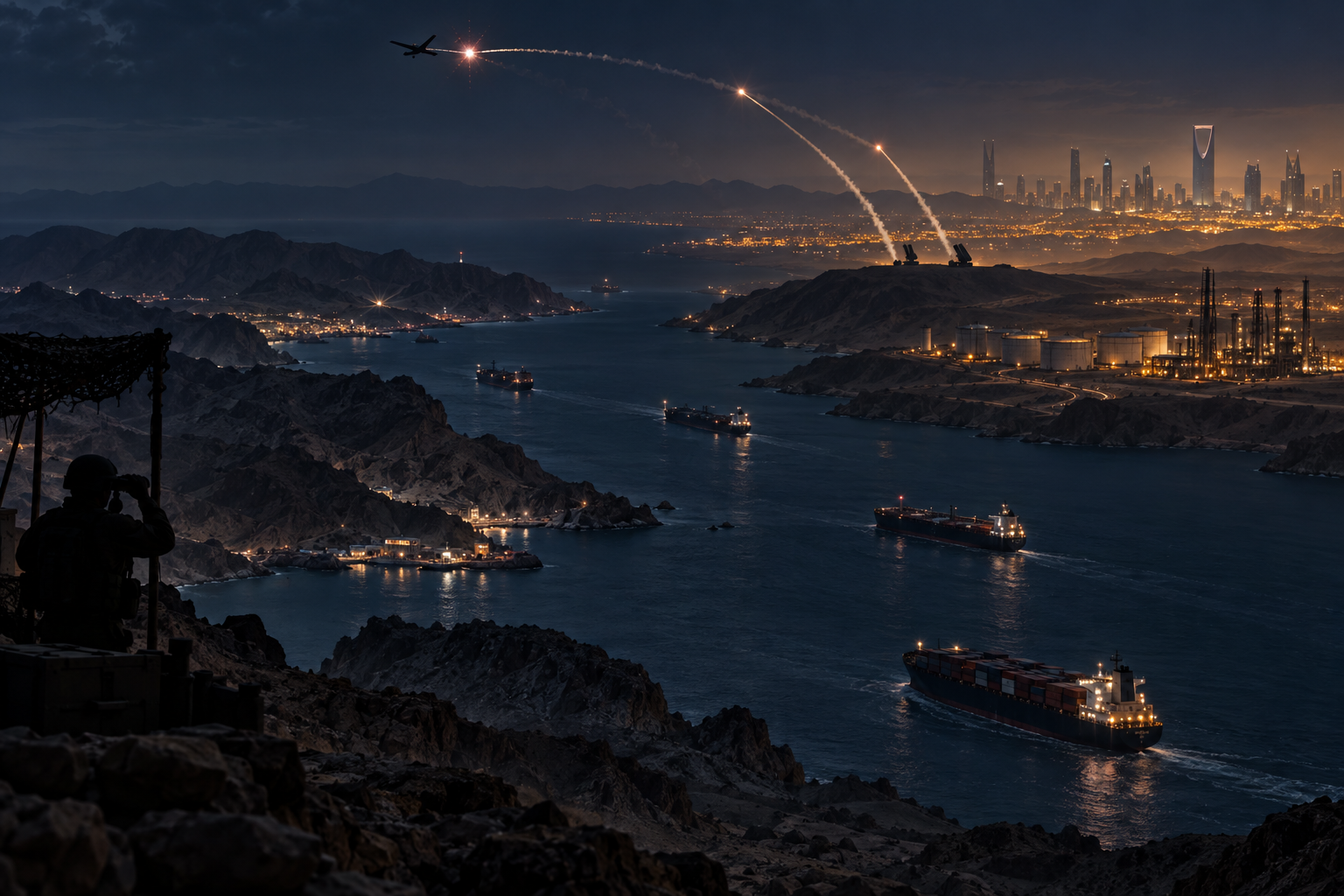 Ilustración editorial nocturna de defensas aéreas saudíes, rutas marítimas y una costa del mar Rojo.