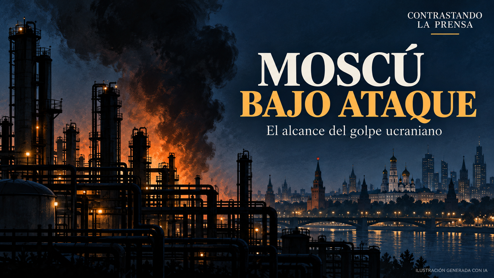 Ilustración conceptual de una refinería con humo y el perfil de Moscú, con el titular Moscú bajo ataque. Imagen generada con IA, no fotografía del suceso.