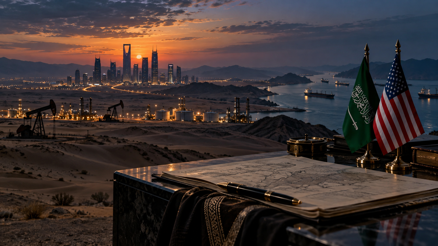 Imagen editorial de Arabia Saudí y Estados Unidos junto a una ciudad del Golfo, instalaciones petrolíferas y una ruta marítima.